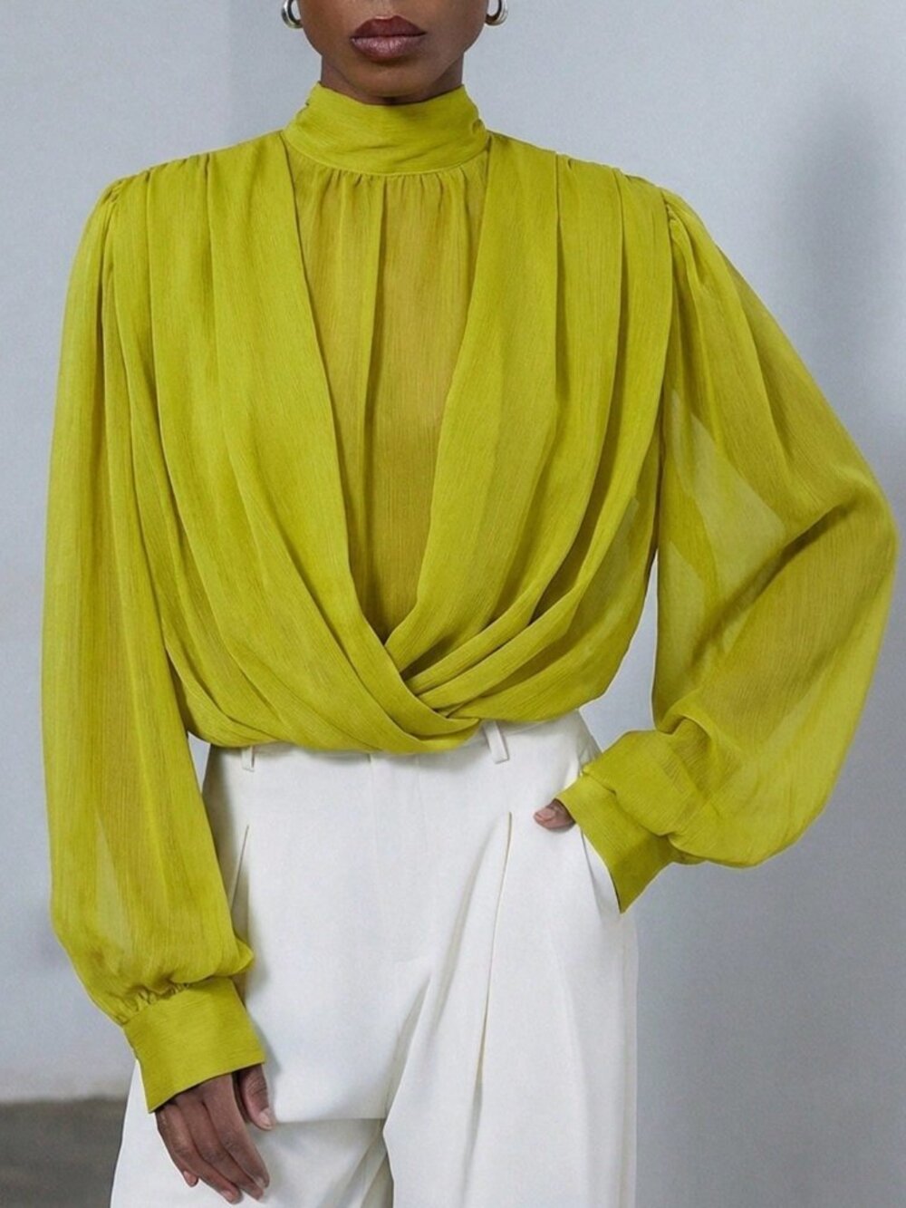 Green Chic Women's Mock Neck Blouse with Wrap Front and Oversized Puff Sleeves - Picture 5 of 7